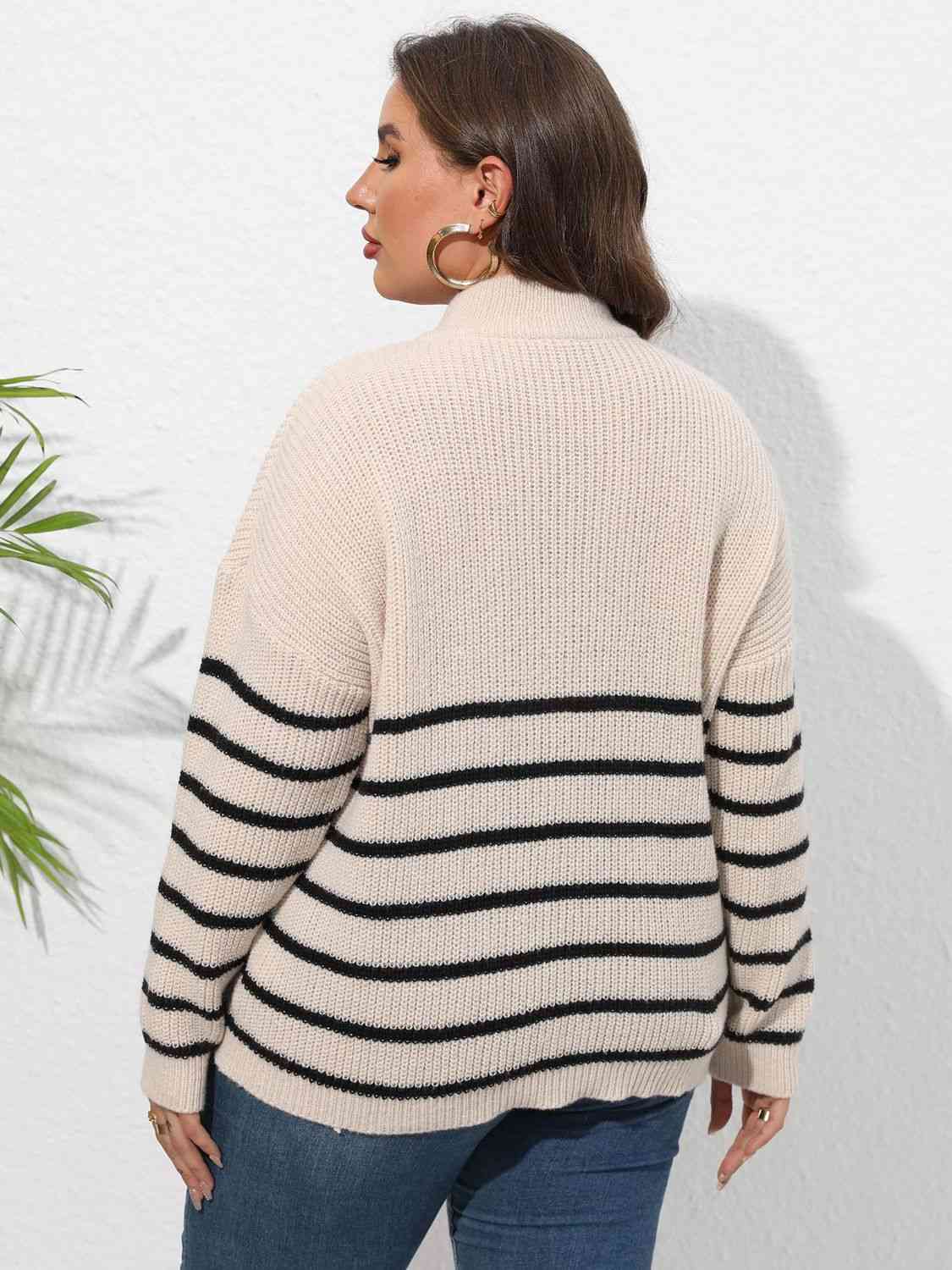 Plus Size Zip-Up Striped Sweater with heart print