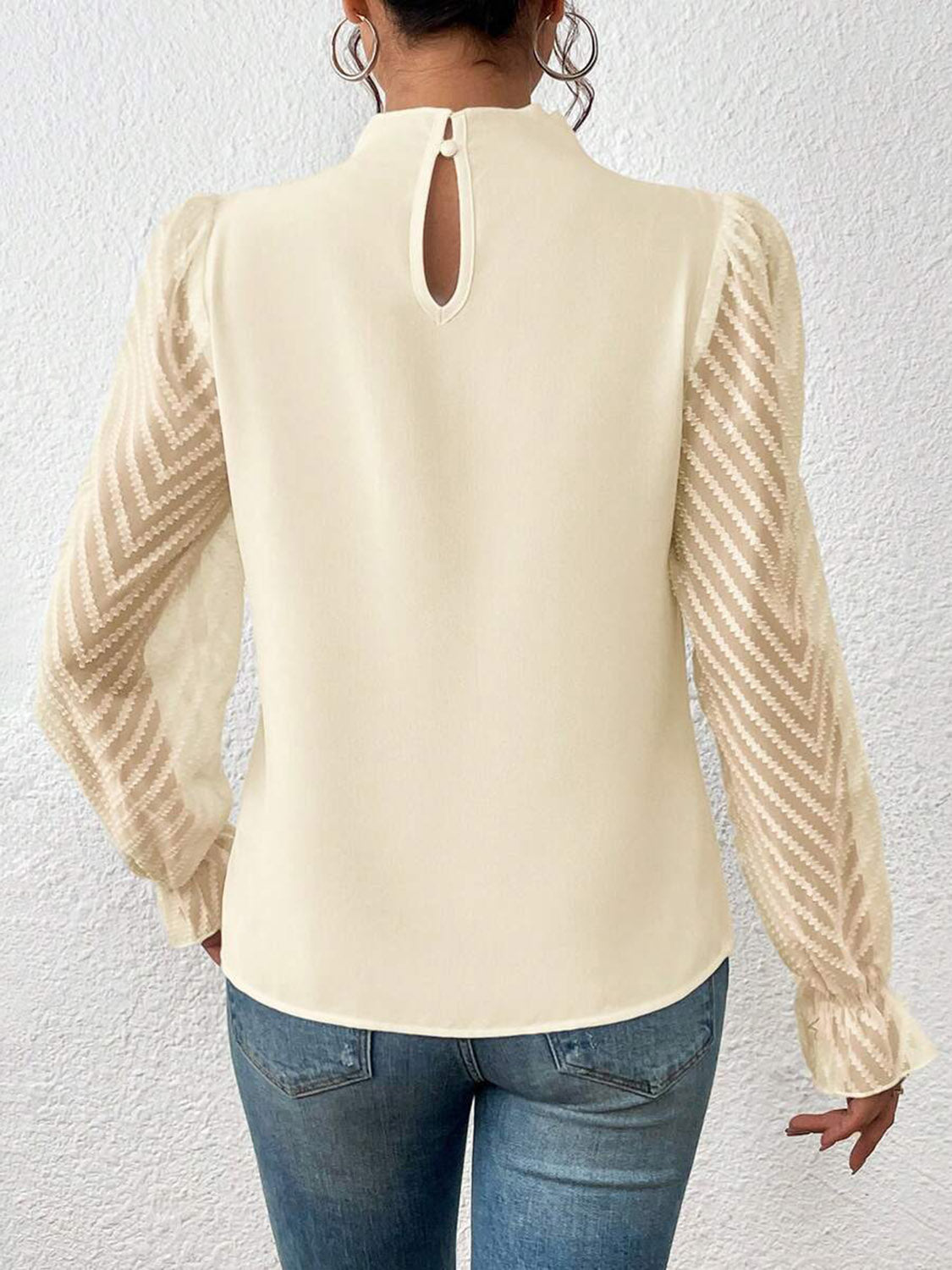 Mock Neck Flounce Fashionable Sheer Sleeve Blouse