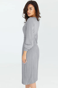 Womens Casual Dress Round Neck Long Sleeve Pleated Sweater Midi long Dress