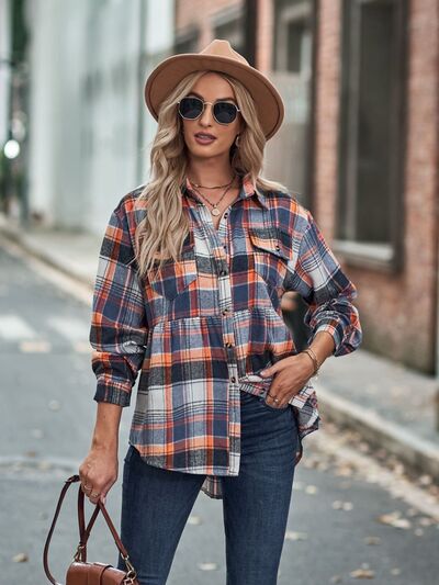 Plaid Button Up Dropped Shoulder Long Sleeve Shirt