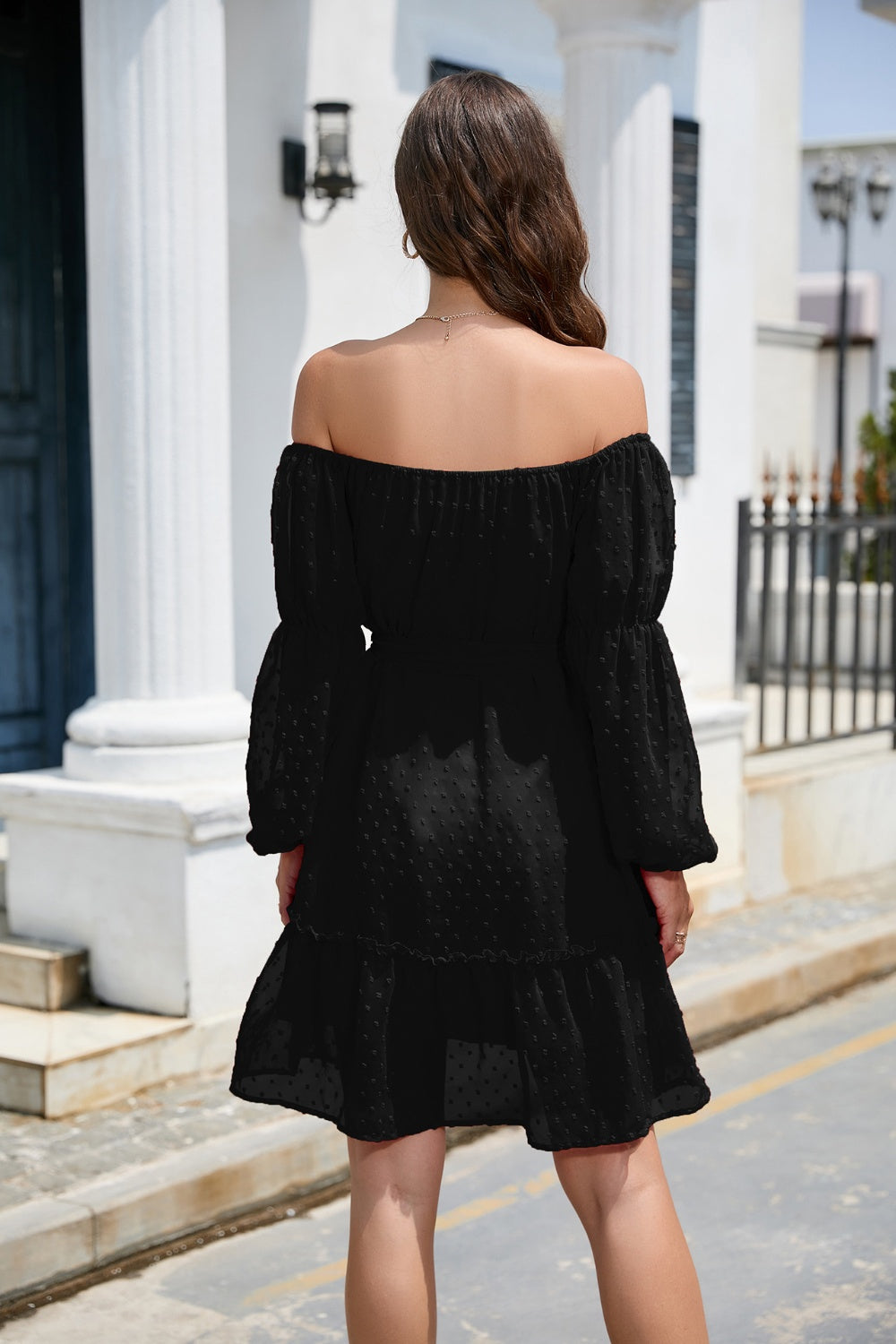 Casual Long Sleeve Short Dress Women's Fashion Waist Tie Swiss Dot Off-Shoulder Balloon Sleeve Dress