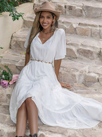 White Tie Neck Dress Women's Short Sleeve Ruffle Hem Maxi Dress