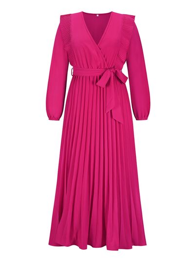 Long Sleeve Maxi Dress Pleated Surplice Waist Tie Midi