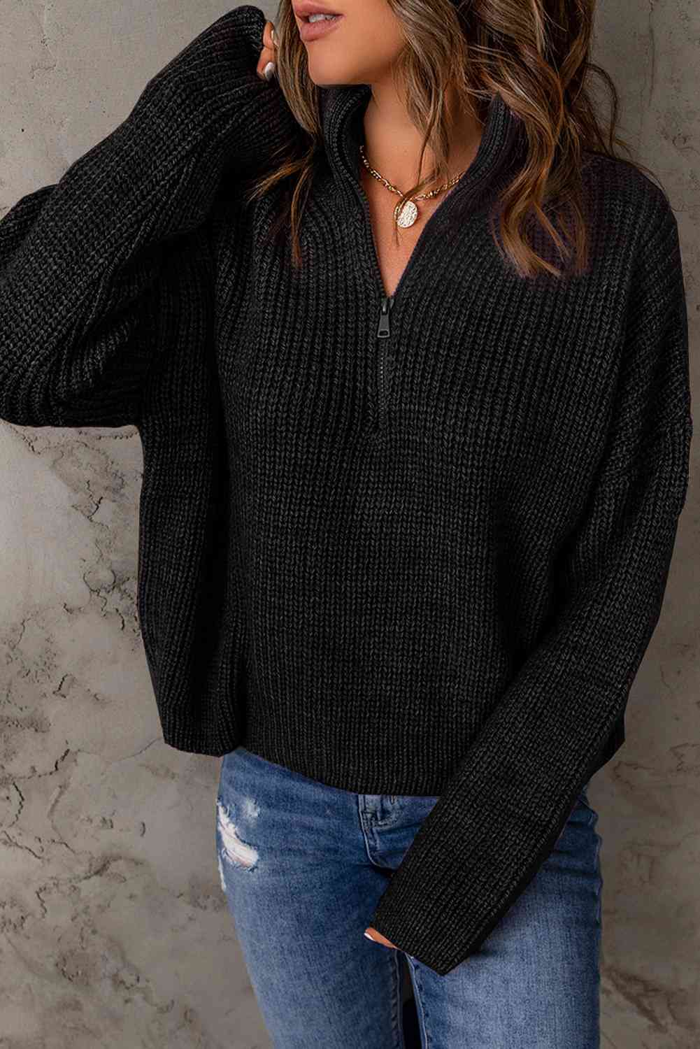 Woven Right Half Zip Rib-Knit Dropped Shoulder Sweater