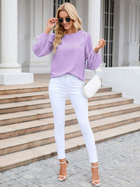 Solid Color Long Sleeve Shirt Women's Fashion Top Round Neck Balloon Sleeve Blouse