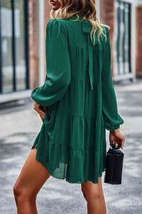 Womens Casual Tied Ruffle Collar Puff Sleeve Mini Dress