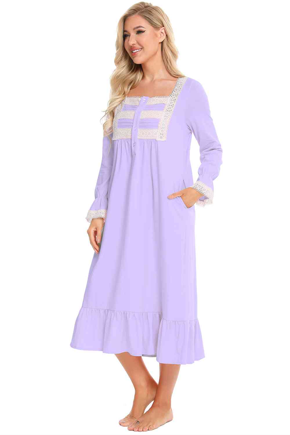 Cotton Pajama Dress Lace Detail Square Neck Flounce Sleeve Night Dress