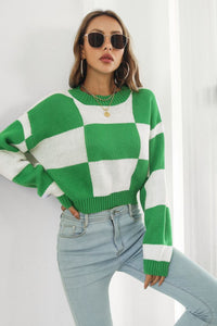 Women's Fashion Color Block Round Neck Dropped Shoulder Sweater