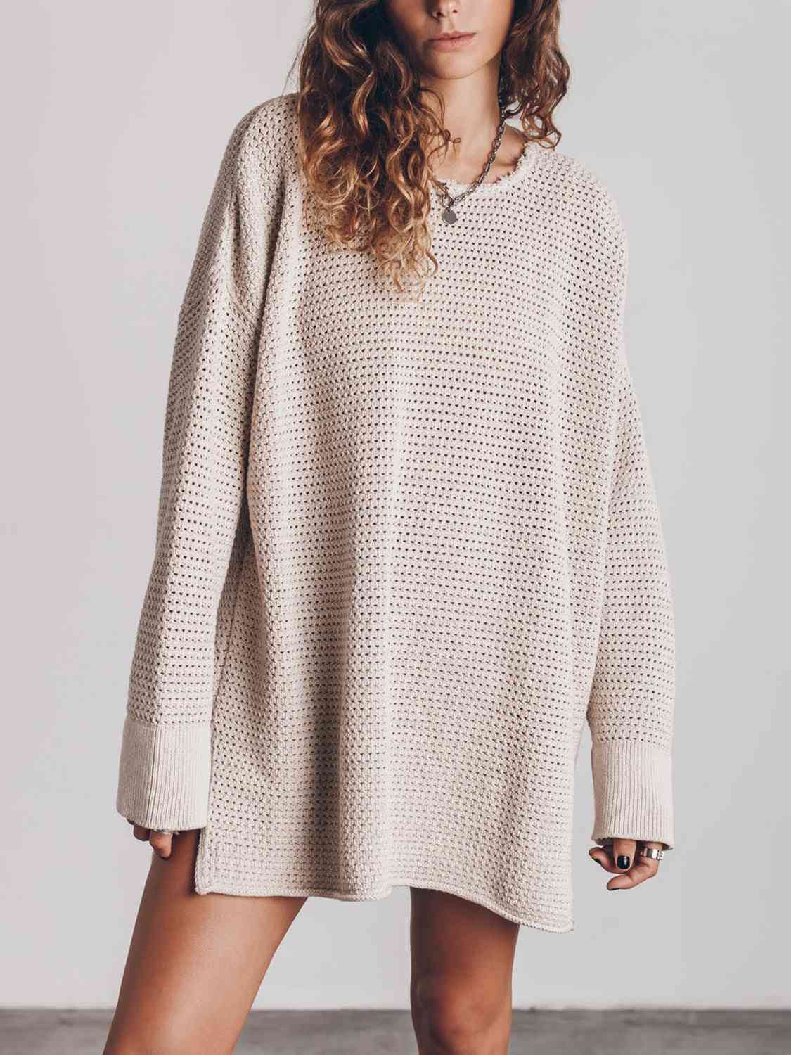 Openwork Round Neck Long Sleeve Slit Oversized Fashion Sweater