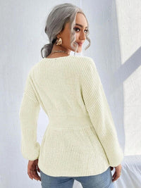 Notched Dropped Shoulder Knit Long Sleeve Top