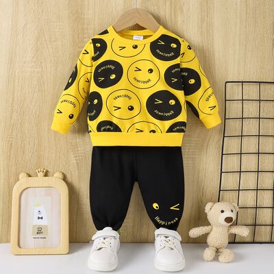 Printed Round Neck Long Sleeve Top and Pants Set Baby Boy Fashion Clothing and Gifts