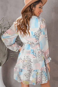 Long Sleeve V Neckline Cinch Waist Flowy Dress Women's Fashion Feminine Printed Flounce Sleeve Mini Dress