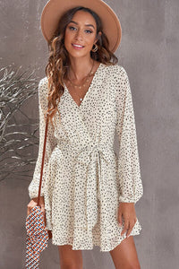 Womens Boho V Neckline Waist Tied Polka Dot Balloon Sleeve Layered Short Dress