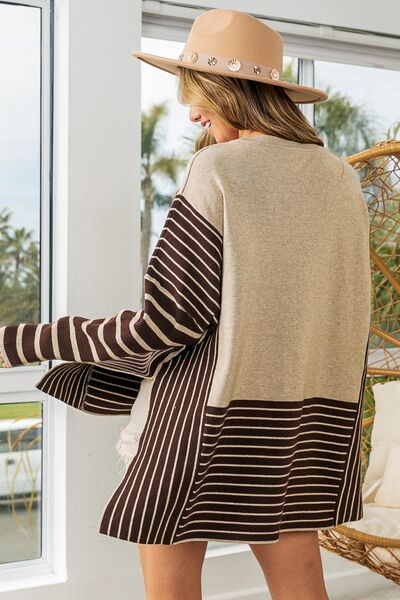 Fashion Baggy Sweater Poncho Shirt Striped Contrast Long Sleeve Slit Sweater Top New Casual Womens Fashion