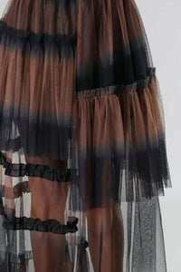 Ruffle Skirt Brown and Black Contrast High Waist Fashion Maxi Skirt