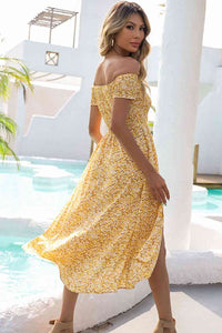 Women's Pastel Yellow Boho Floral Off-Shoulder Split Midi Dress