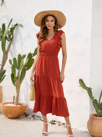 Cinch Waist Tiered Ruffled V-Neck Short Sleeve Maxi Dress New Women's Fashion casual day dresses