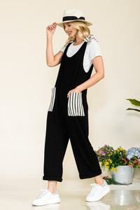 Women's Stripe Contrast Pocket Rib Jumpsuit Long Pants Romper Petite and Plus Size Fashion