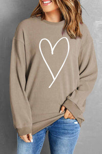 Casual Sweatshirt Heart Print Round Neck Dropped Shoulder  Womens Sweaters Long Sleeve Shirts and Tops