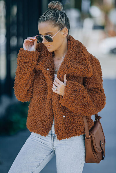 Fuzzy Snap Down Long Sleeve faux Fur Plush Jacket