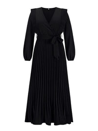 Long Sleeve Maxi Dress Pleated Surplice Waist Tie Midi