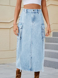 Slit Pocketed High Waist Denim Skirt with pockets