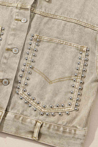 Studded Collared Neck Denim Jacket with Pockets