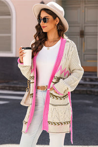 Contrast Tied Open Front Fashion Sweater Cardigan