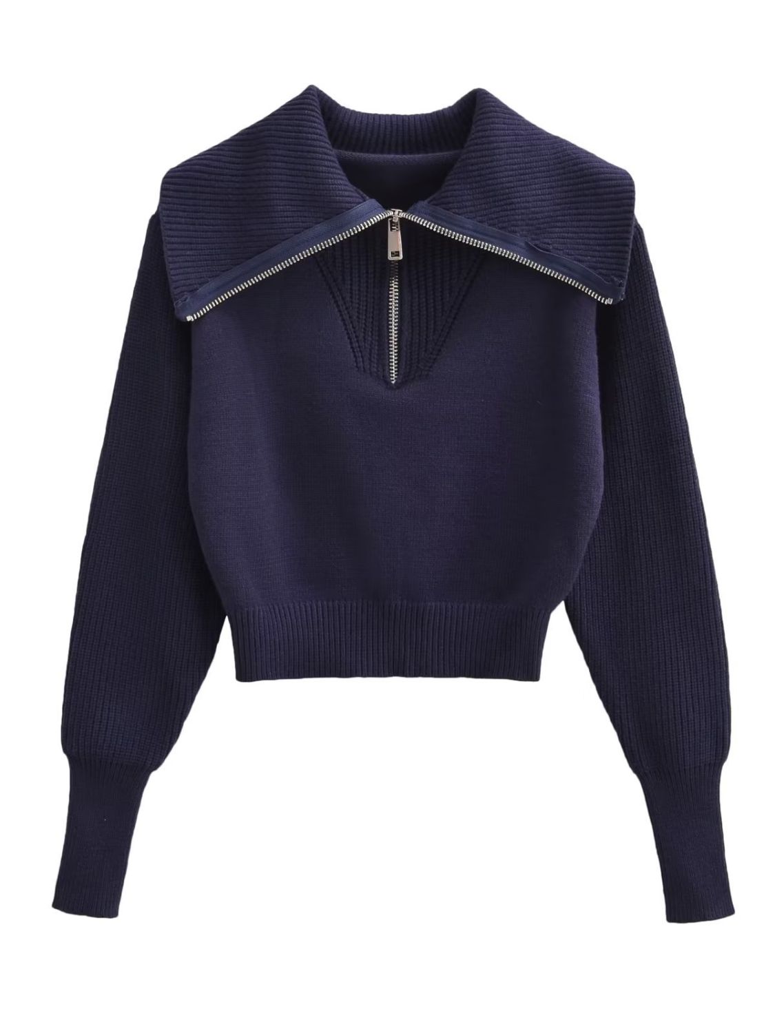 sweaters, navy blue sweater, nice sweaters, womens clothing, womens fashion, zip up sweaters, casual work clothes, designer fashion, long sleeve navy blue top, ribbed sweaters, oversize collar sweaters, zip up sweaters, womens casual clothes, casual clothes