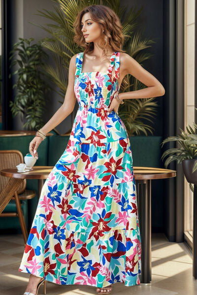 Womens Fashion Smocked Printed Wide Strap Tiered Casual Long Maxi Dress