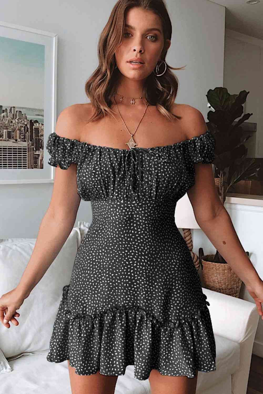 Womens Casual Mini Dress Printed Off-Shoulder Ruffle Hem Sexy Short Holiday Vacation Dress