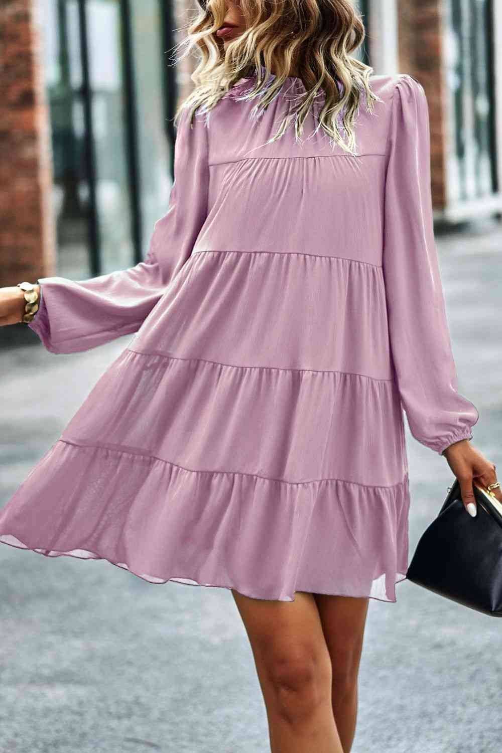 Womens Casual Tied Ruffle Collar Puff Sleeve Mini Dress