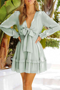 Womens Vacation Tied Plunge Smocked Waist Flounce Sleeve Dress