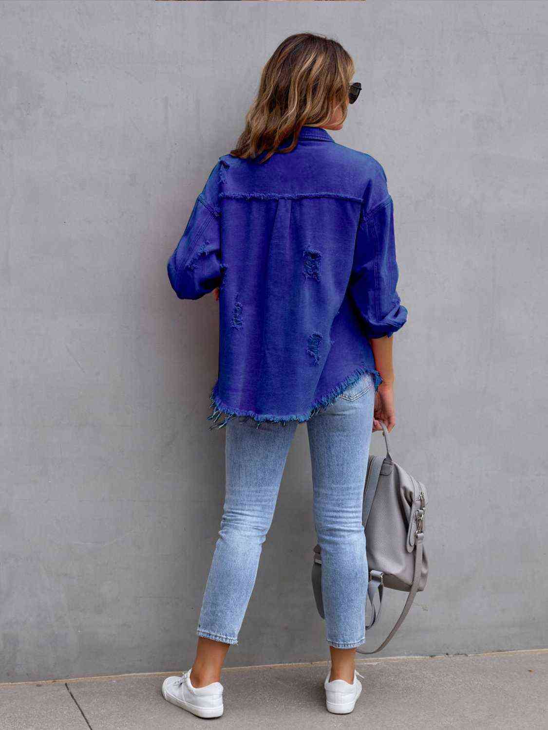 Womens Denim Shirt Jacket Distressed Drop Shoulder Open Shacket