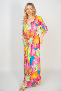 Colorful Short Sleeve Maxi Dress Women's Casual Printed V-Neck Maxi Dress with Pockets