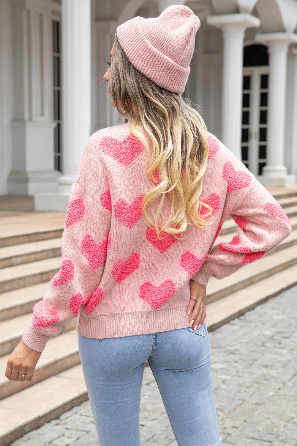 Heart Pattern Valentines Fashion Sweaters Round Neck Dropped Shoulder Sweater