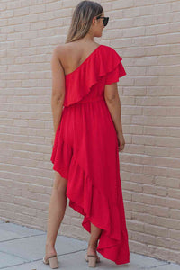 Women's Sexy Casual Sundress One-Shoulder Asymmetrical Red Maxi Dress