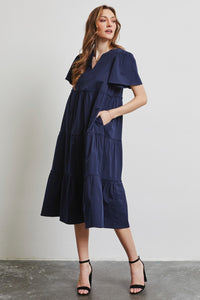 Cotton Short Sleeve Midi Dress Women's Fashion Navy Blue Casual Poplin Ruffle Tiered Midi Dress Petite and  Plus Size Fashion