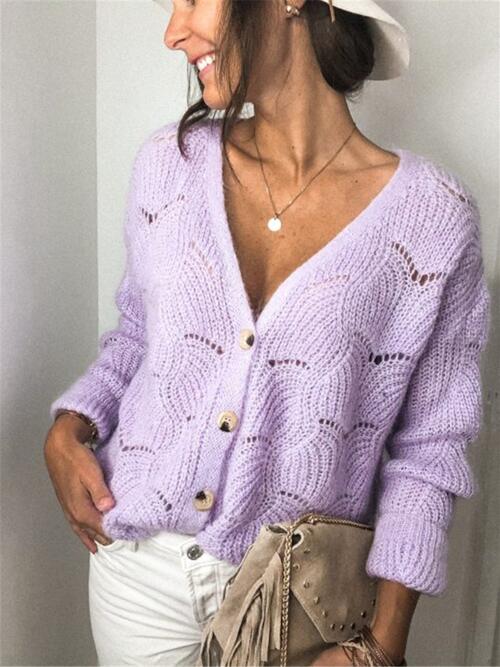 Openwork Button Up Long Sleeve Cardigan