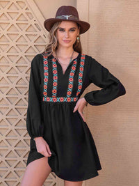 Boho Print Tunic Dress Women's Casual Notched Neck Long Sleeve Printed Mini Dress