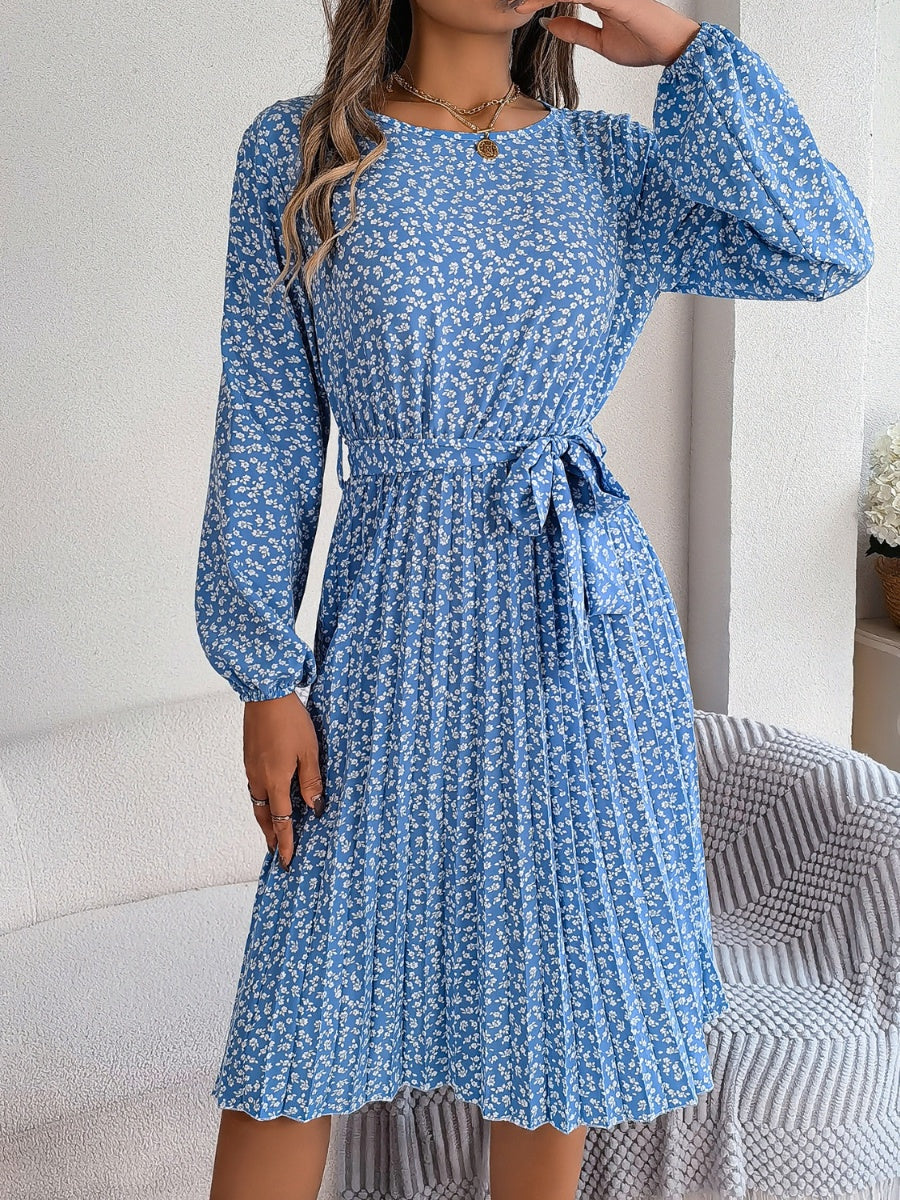 Ditsy Floral Tie Waist Pleated Long Sleeve Dress Women's Casual Wear and Workwear Fashion