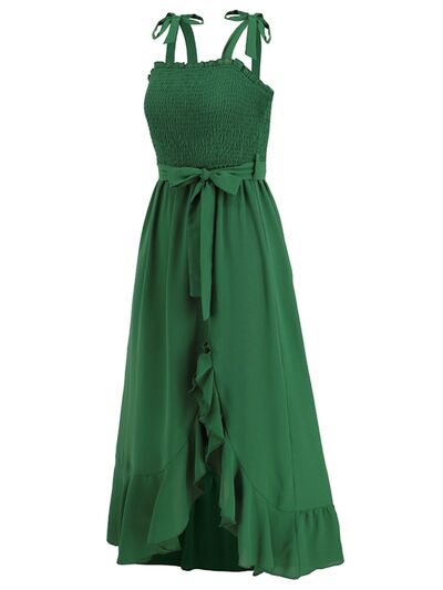 Green Waist Tie High Slit Dress Ruffled Smocked Tied Cami Maxi Dress Womens Fashion