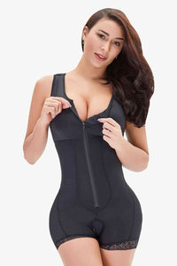 Shapewear Scoop Neck Lace Trim Shapewear Full Size Zip-Up