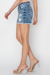 KESLEY Blue Denim Shorts Stepped Waist Frayed Cotton Jean Shorts Women's Fashion