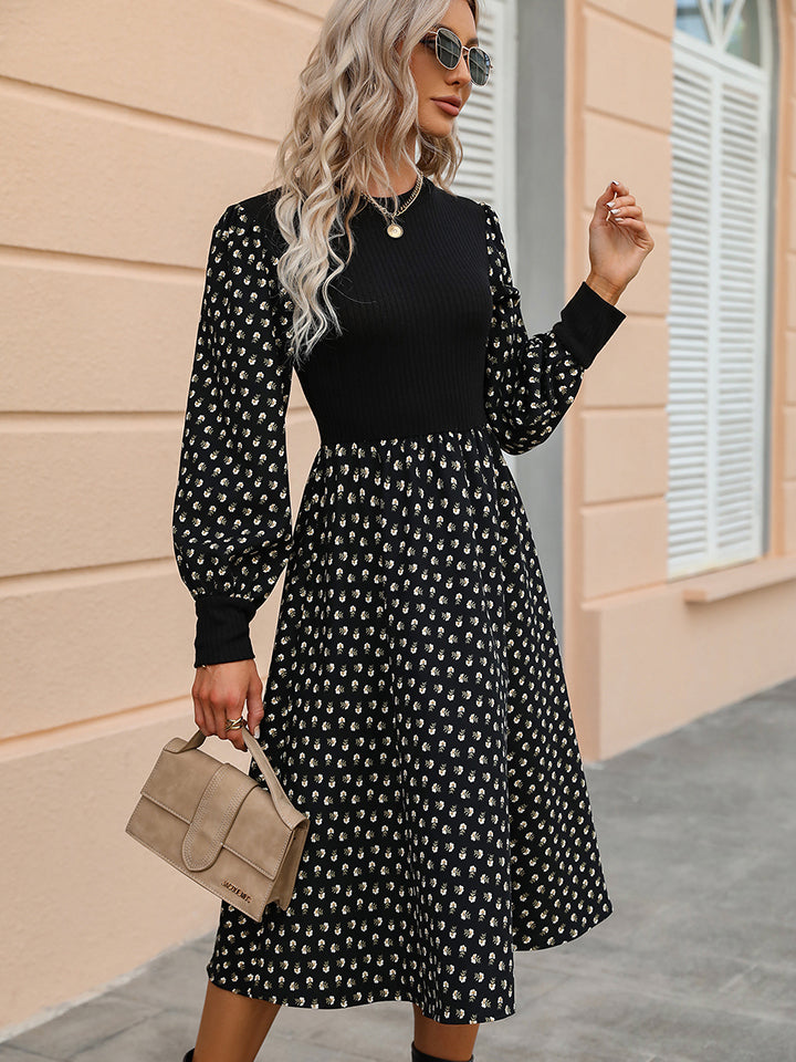 Printed Round Neck Long Sleeve Dress