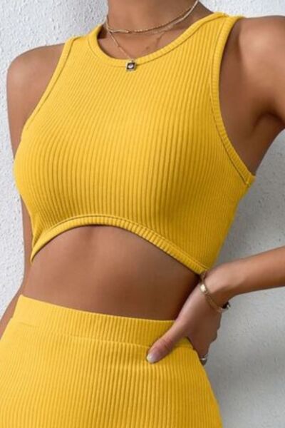 Skirt and Crop Top Matching Outfit Set Women's Fashion Ribbed Round Neck Tank and Slit Skirt Sweater two Piece Set