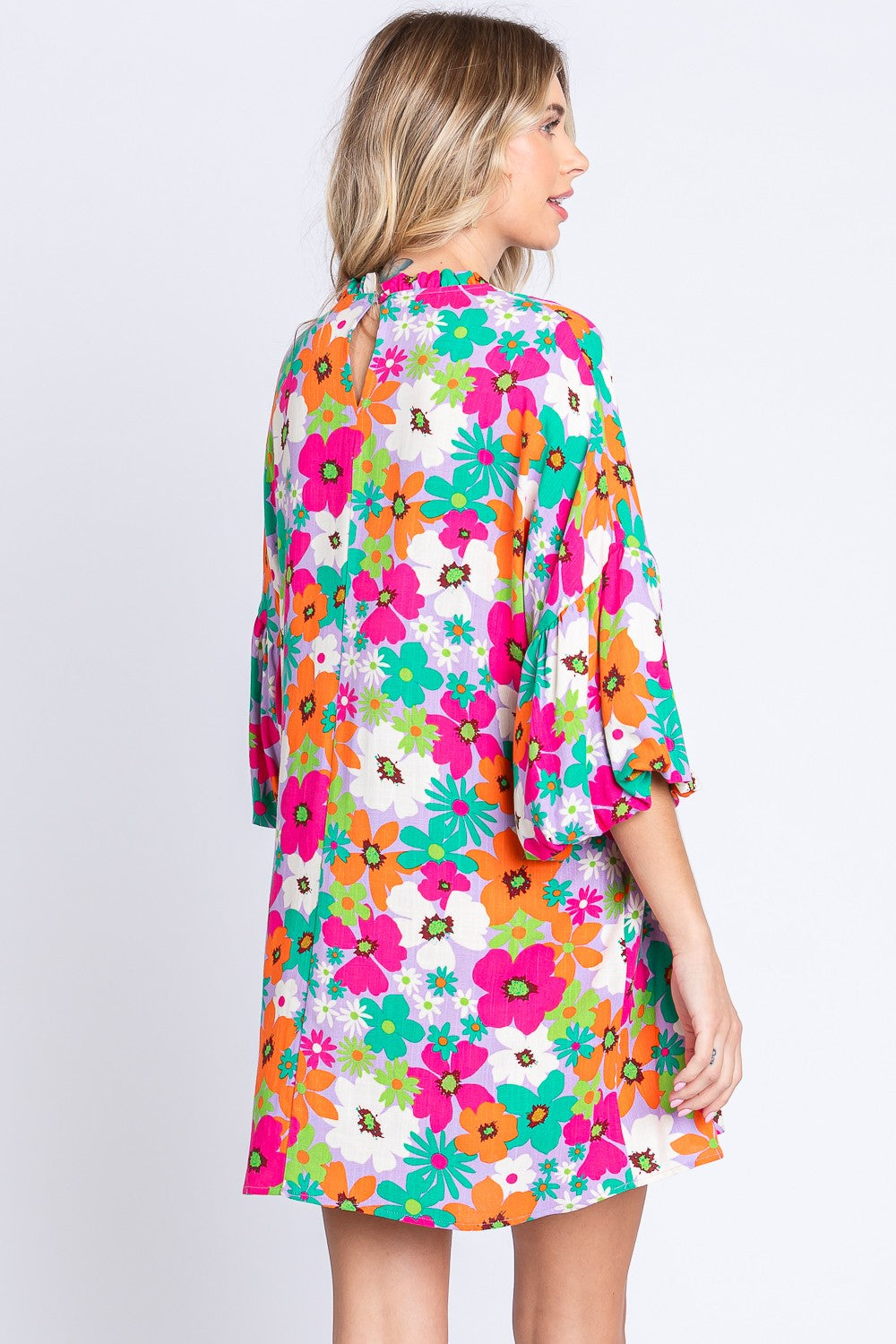 KESLEY Floral Round Neck Lantern Sleeve Mini Dress Petite and Plus Size Dresses and Fashion