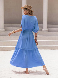 Tassel Trim Smocked V-Neck Short Sleeve Maxi Dress