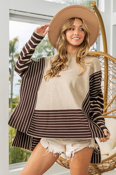 Fashion Baggy Sweater Poncho Shirt Striped Contrast Long Sleeve Slit Sweater Top New Casual Womens Fashion