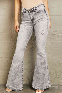 High Waisted Acid Wash Flare Jeans Cotton Black Washed Out